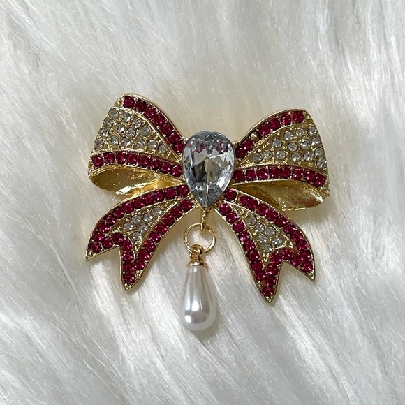 Bow Brooch Gold Tone Pink and Clear Crystals Pearl Drop - Picture 1 of 5